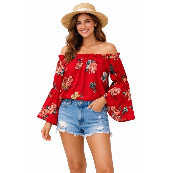 Live 4 Truth Tops - Live 4 Truth Red Floral Off Shoulder Peasant Blouse Bell Sleeve Boho Top L